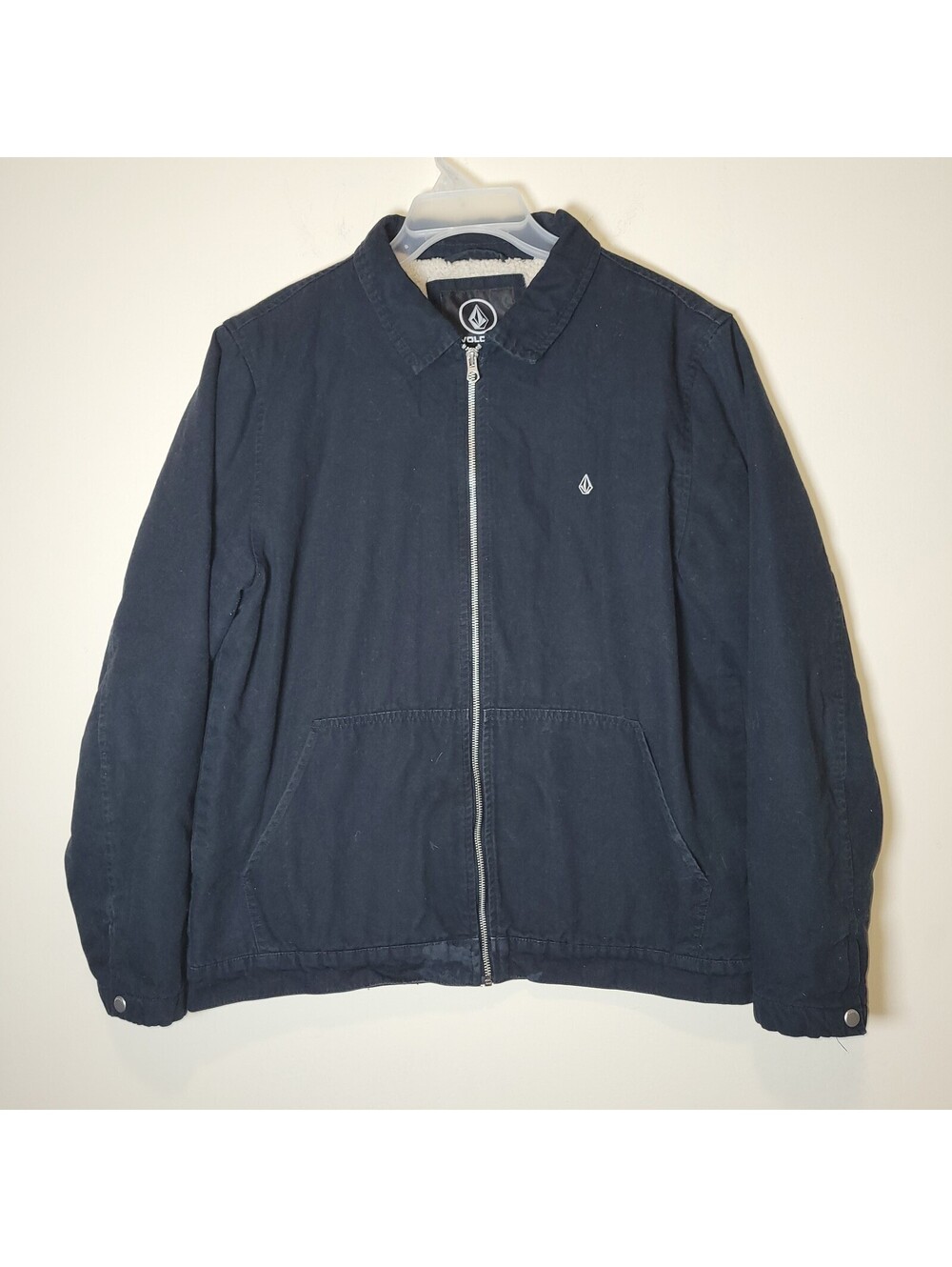 VOLCOM Men's L Dark Blue Canvas Sherpa Lined Full Zip Jacket Coat Workwear